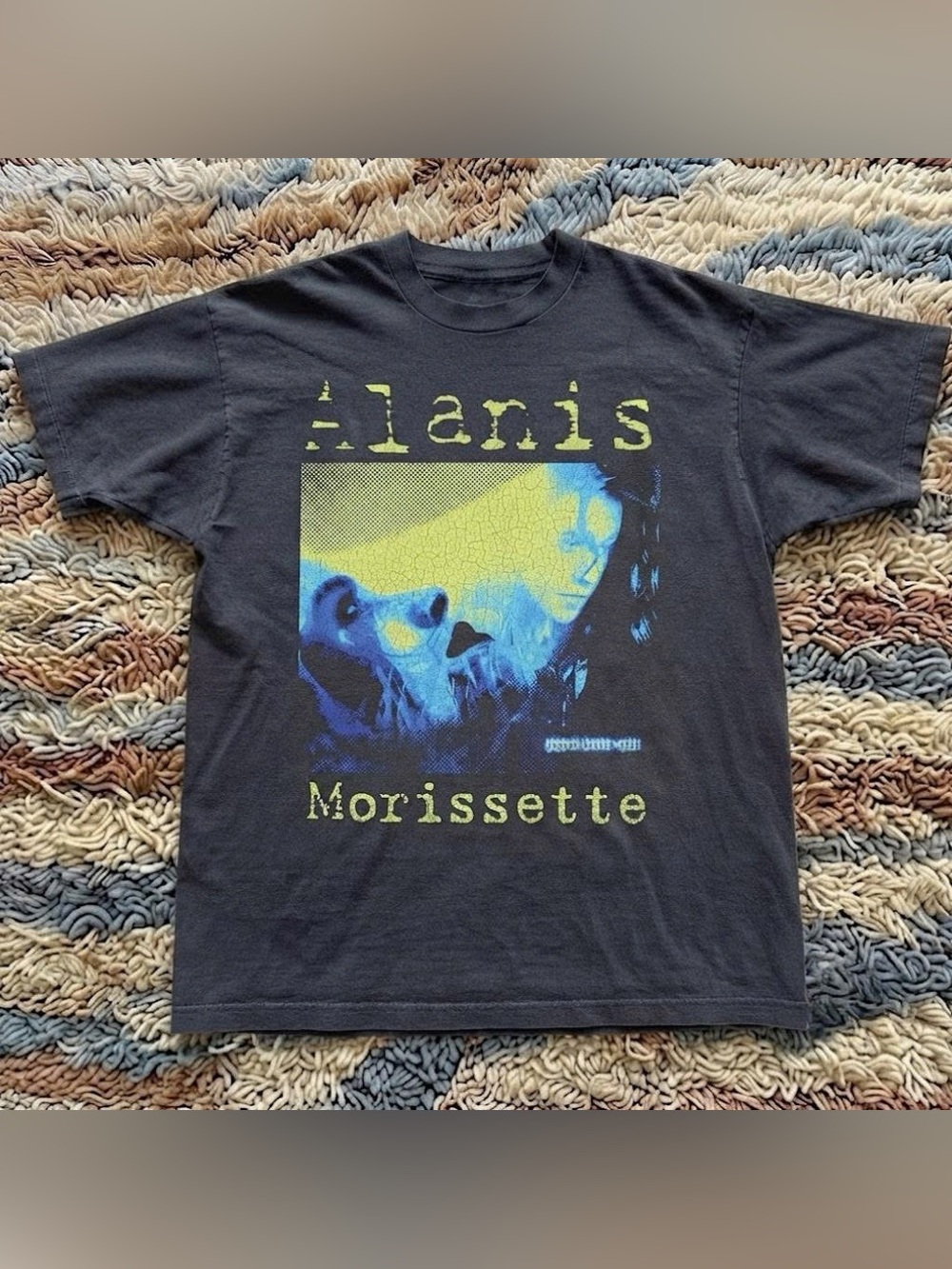 Vintage Black Short Sleeve Tee with Blue and Yellow Alanis Morissette Portrait
